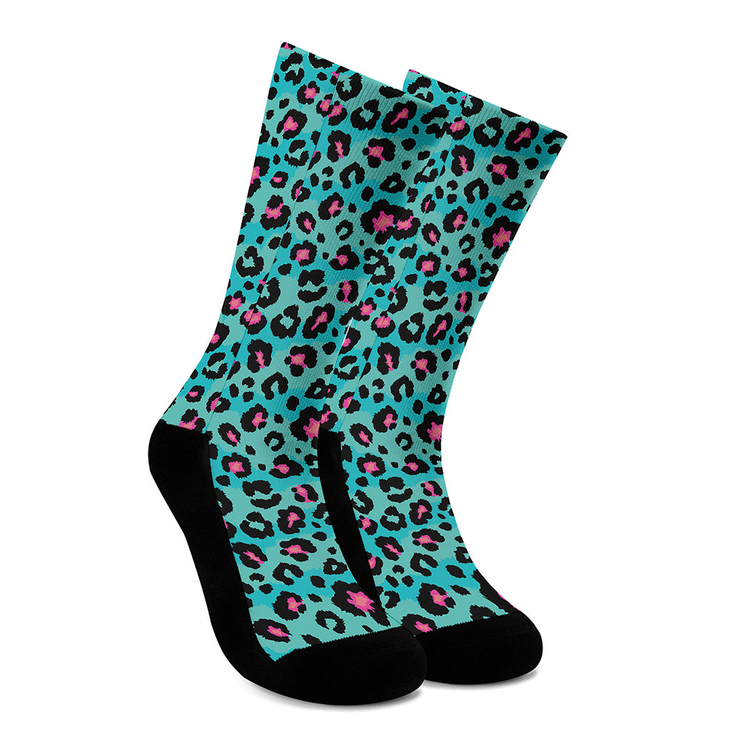 Turquoise And Pink Leopard Print Crew Socks