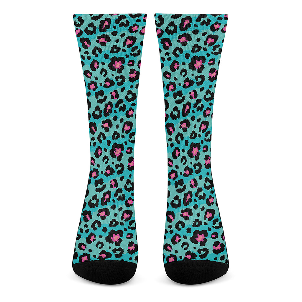 Turquoise And Pink Leopard Print Crew Socks