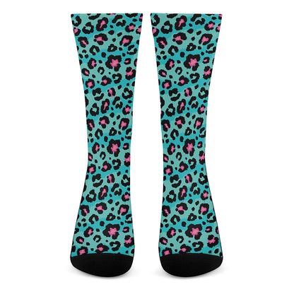 Turquoise And Pink Leopard Print Crew Socks