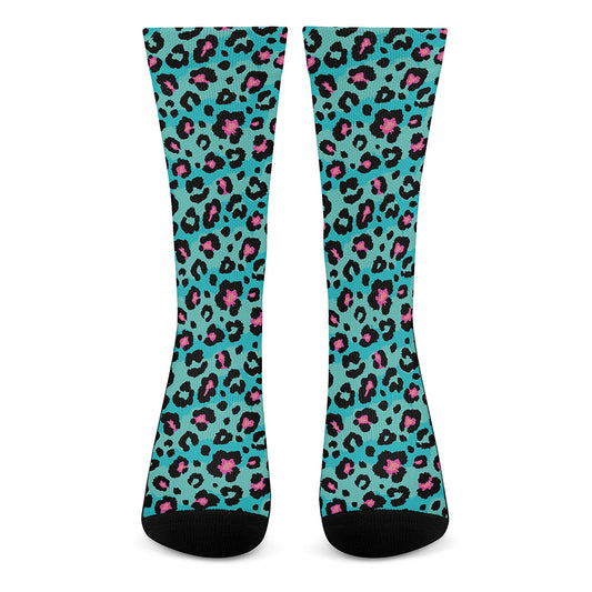 Turquoise And Pink Leopard Print Crew Socks