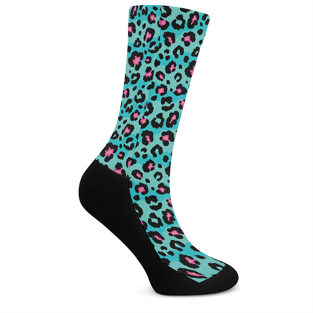 Turquoise And Pink Leopard Print Crew Socks