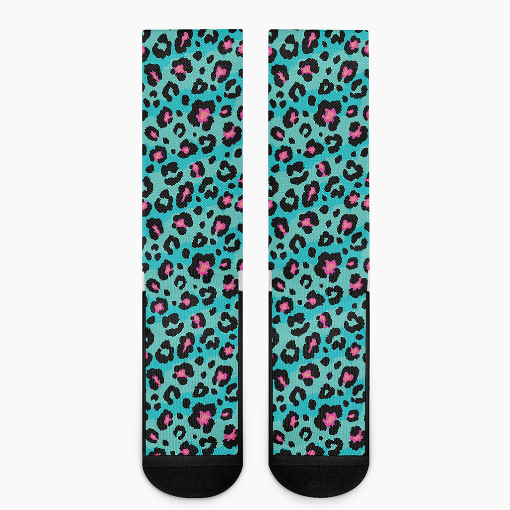 Turquoise And Pink Leopard Print Crew Socks