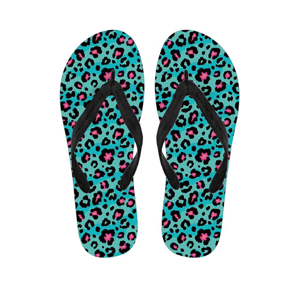 Turquoise And Pink Leopard Print Flip Flops