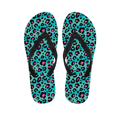 Turquoise And Pink Leopard Print Flip Flops