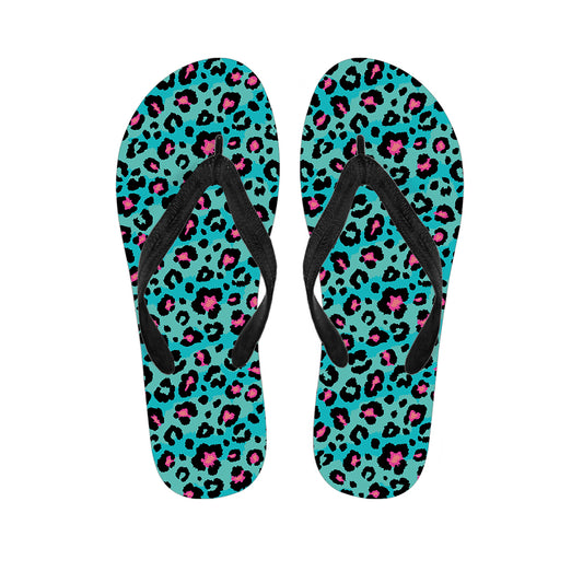 Turquoise And Pink Leopard Print Flip Flops