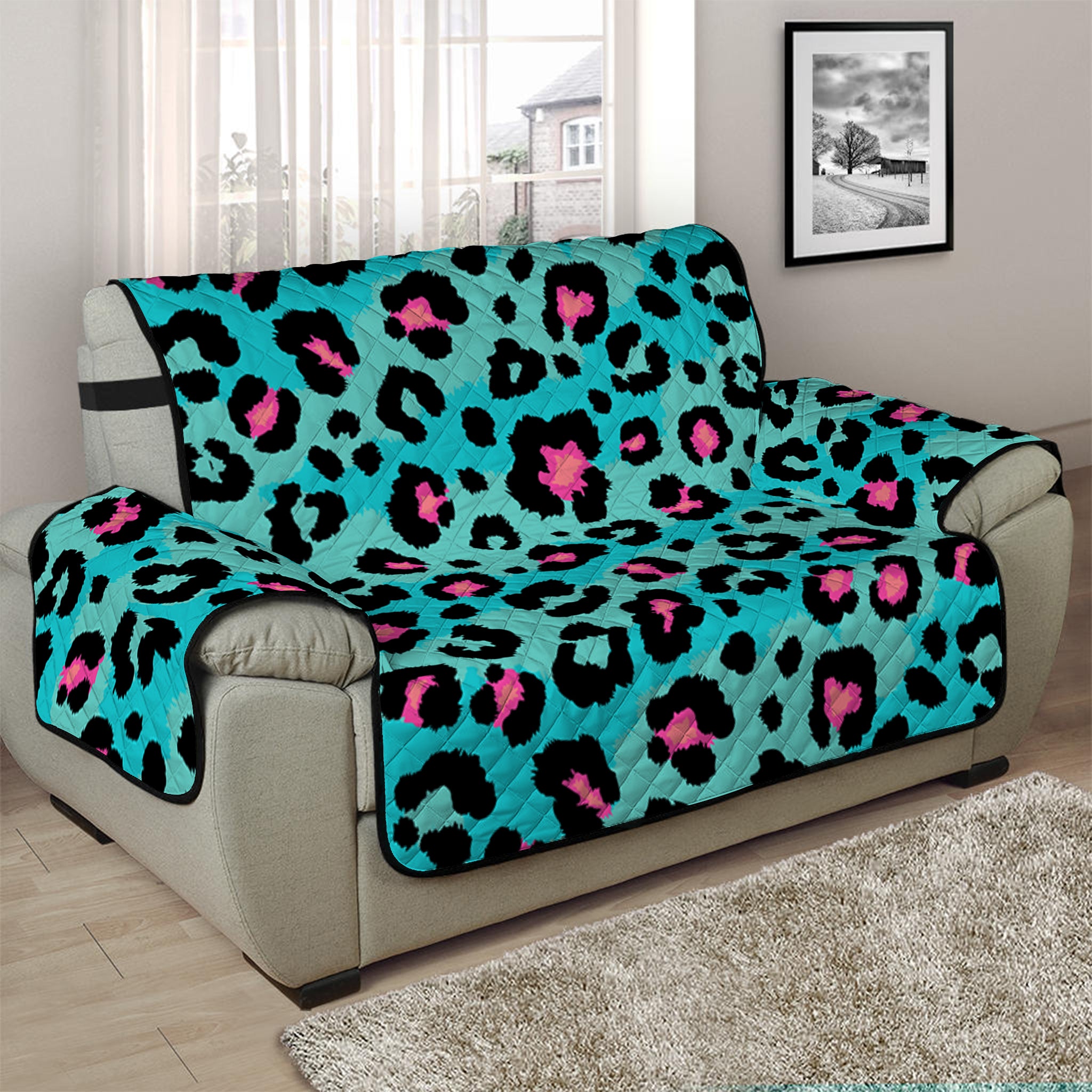 Turquoise And Pink Leopard Print Half Sofa Protector