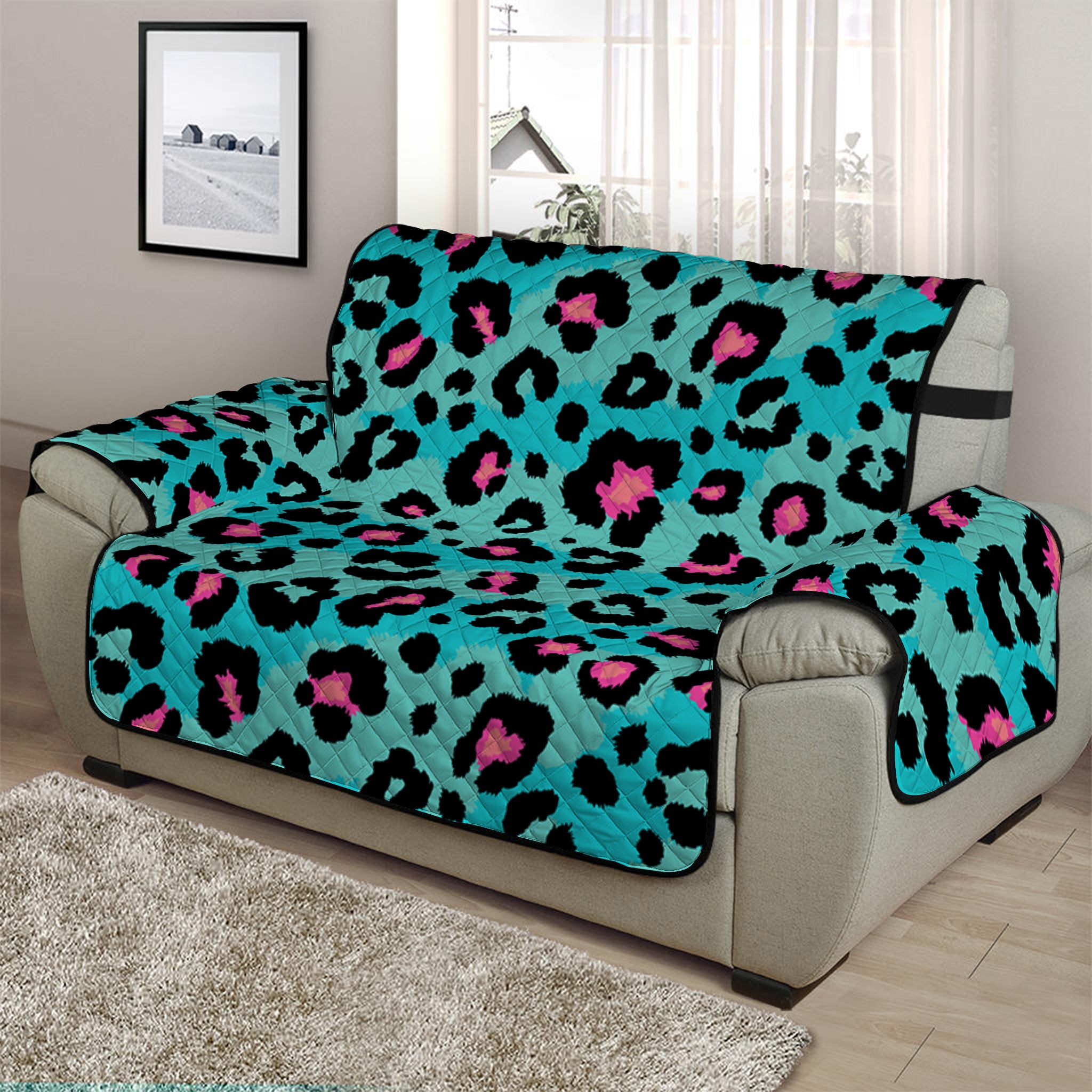 Turquoise And Pink Leopard Print Half Sofa Protector