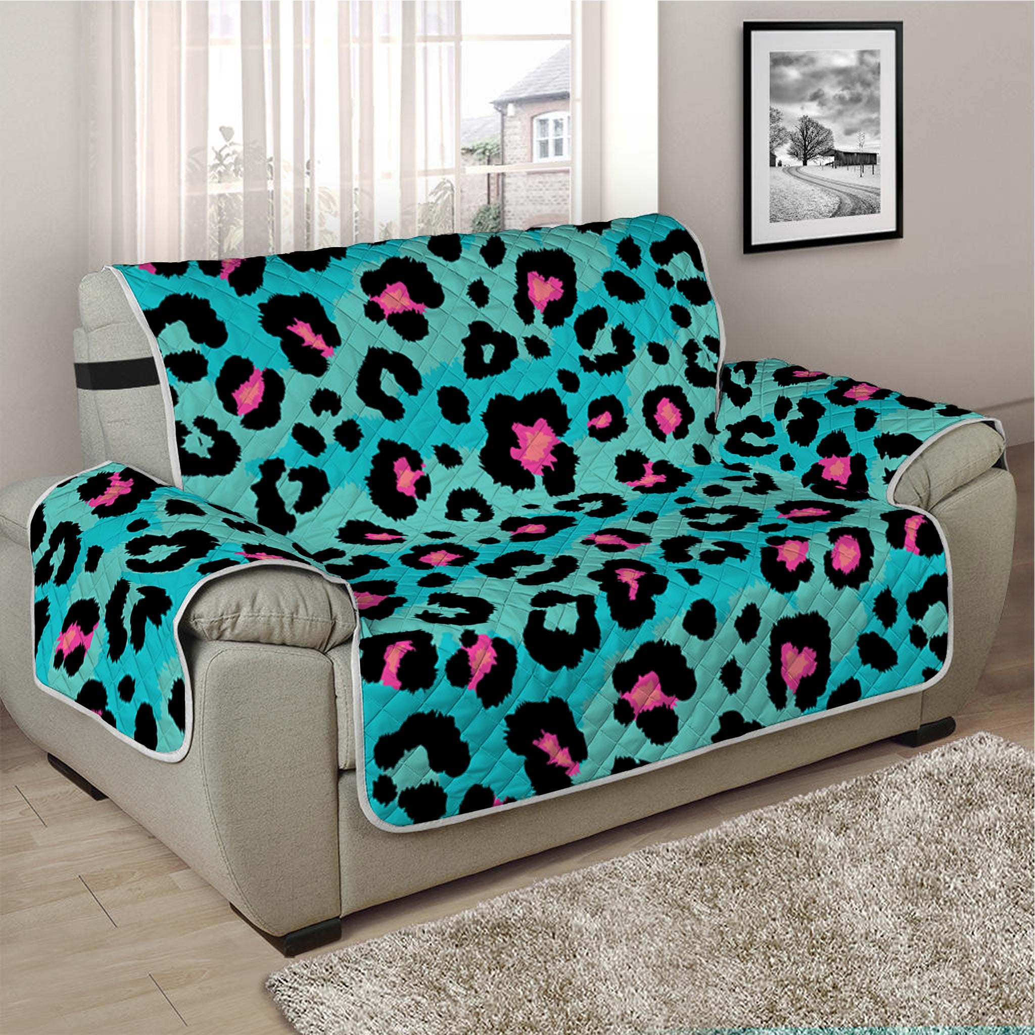 Turquoise And Pink Leopard Print Half Sofa Protector