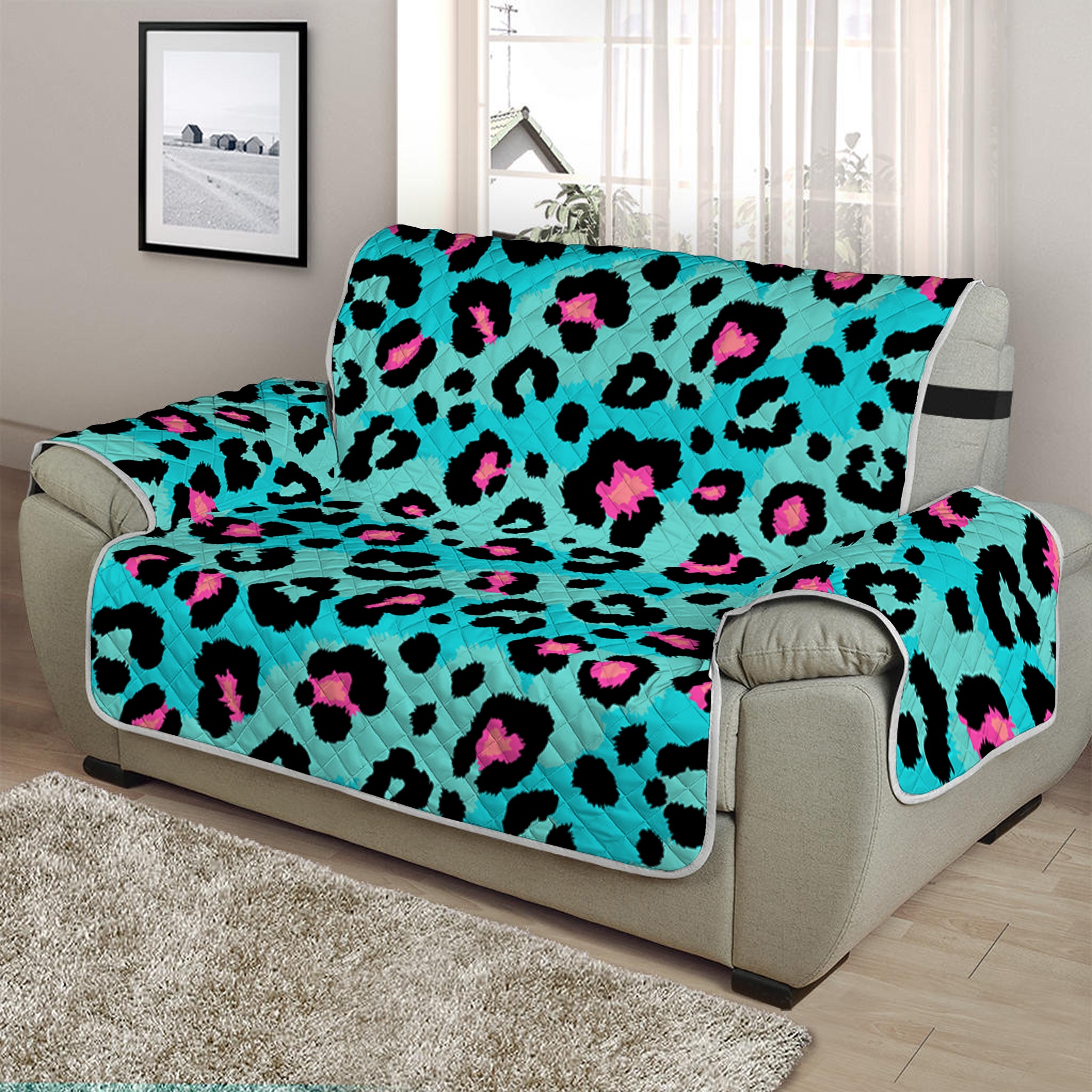 Turquoise And Pink Leopard Print Half Sofa Protector