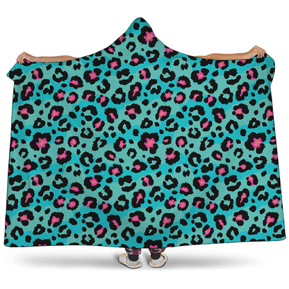 Turquoise And Pink Leopard Print Hooded Blanket