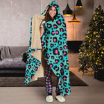 Turquoise And Pink Leopard Print Hooded Blanket