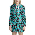 Turquoise And Pink Leopard Print Pullover Hoodie Dress