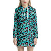 Turquoise And Pink Leopard Print Hoodie Dress