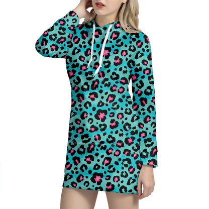 Turquoise And Pink Leopard Print Hoodie Dress