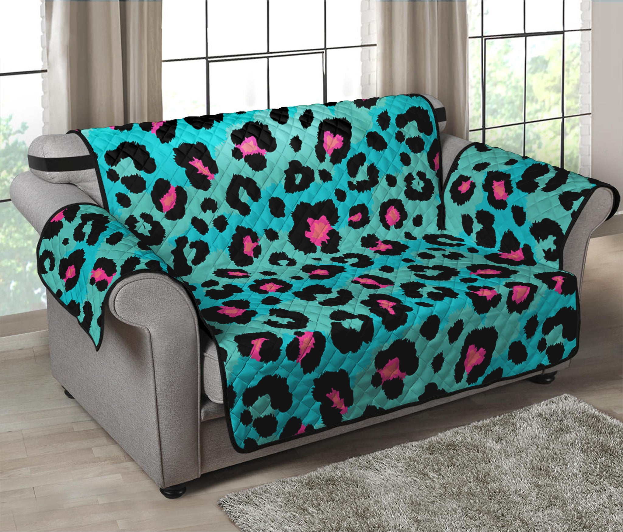 Turquoise And Pink Leopard Print Loveseat Protector