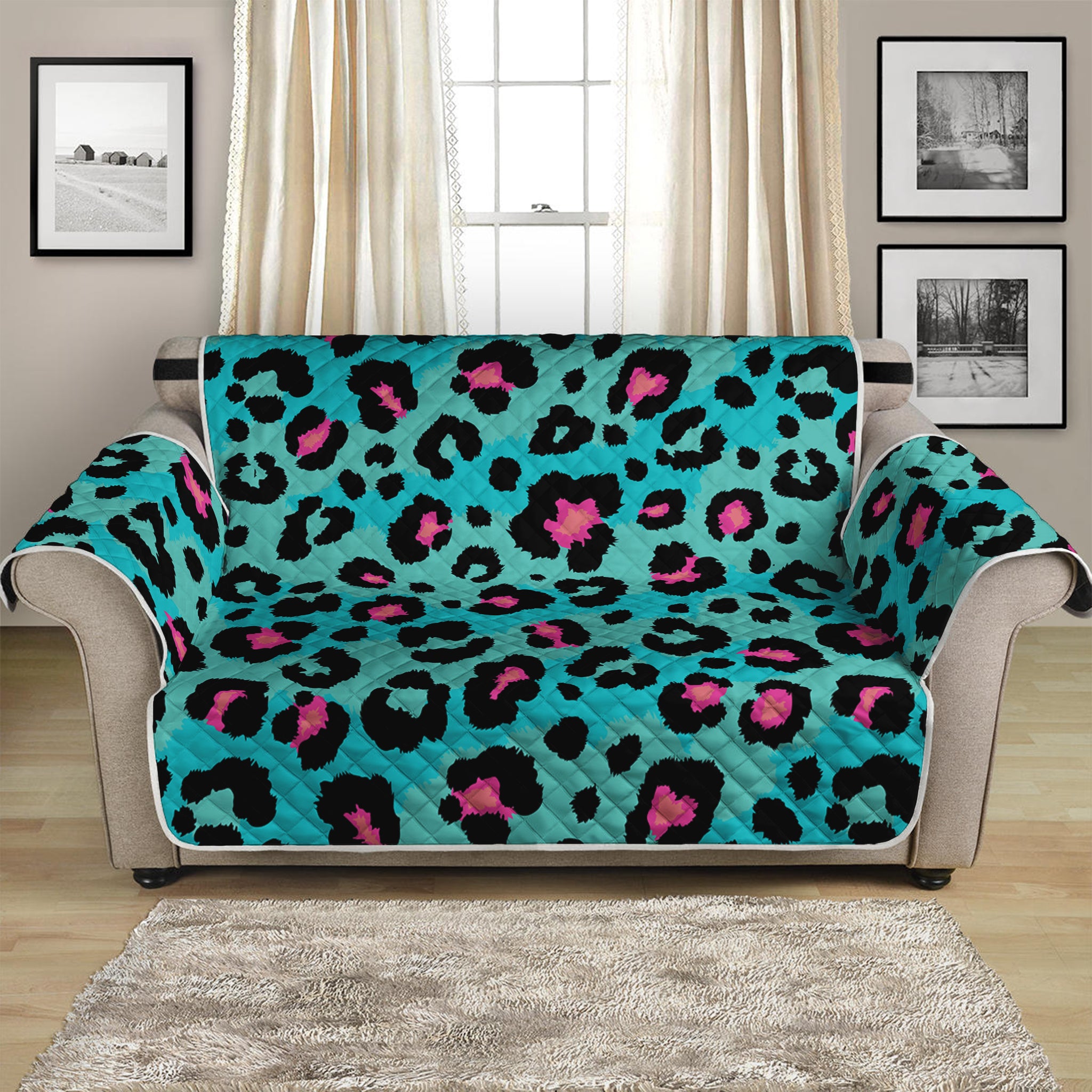 Turquoise And Pink Leopard Print Loveseat Protector