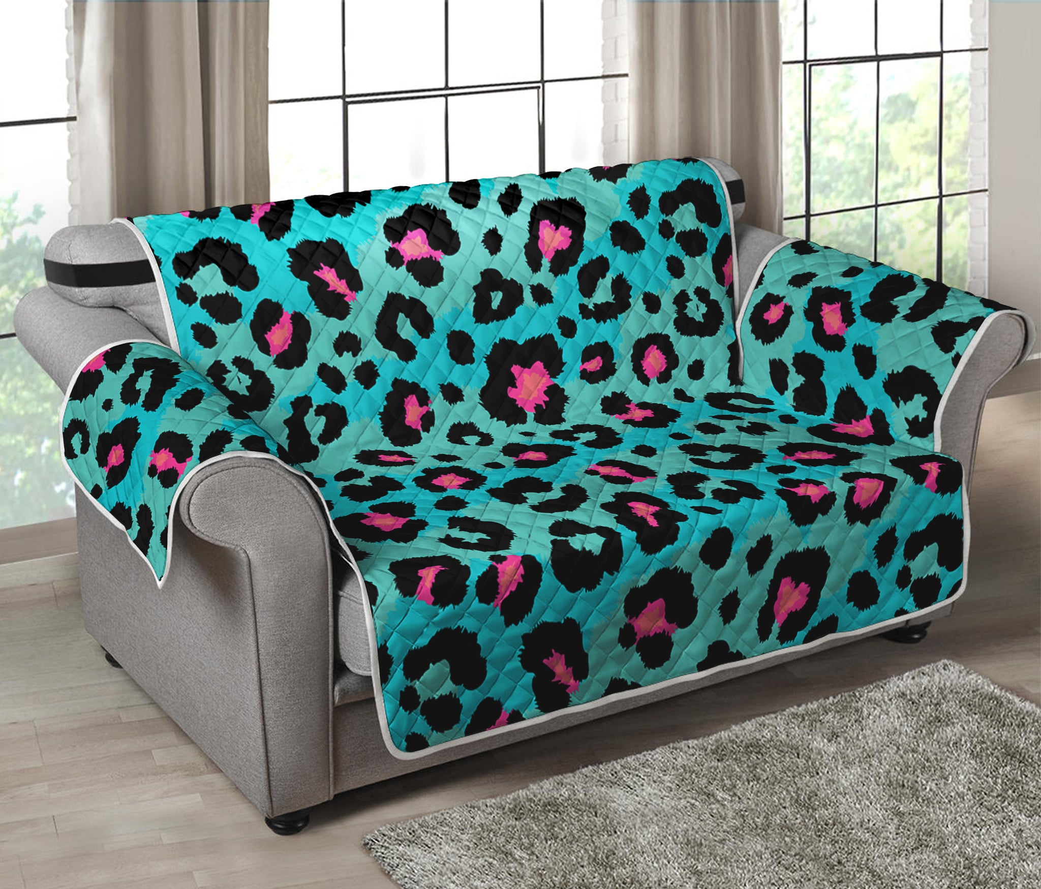 Turquoise And Pink Leopard Print Loveseat Protector