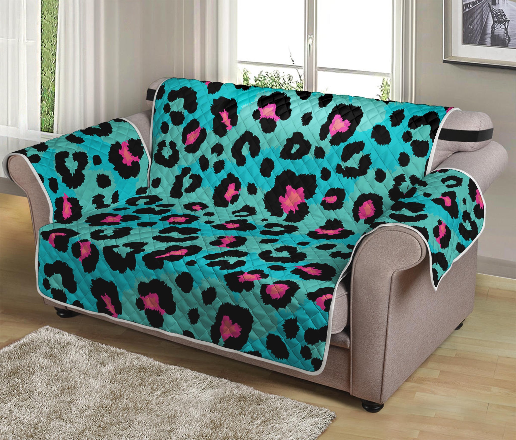 Turquoise And Pink Leopard Print Loveseat Protector