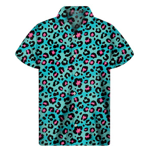Turquoise And Pink Leopard Print Men's Short Sleeve Shirt
