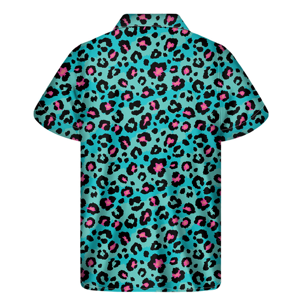 Turquoise And Pink Leopard Print Men's Short Sleeve Shirt