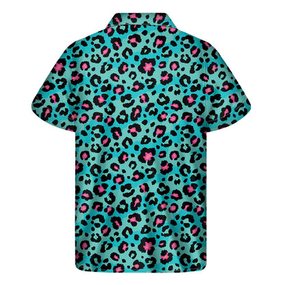 Turquoise And Pink Leopard Print Men's Short Sleeve Shirt