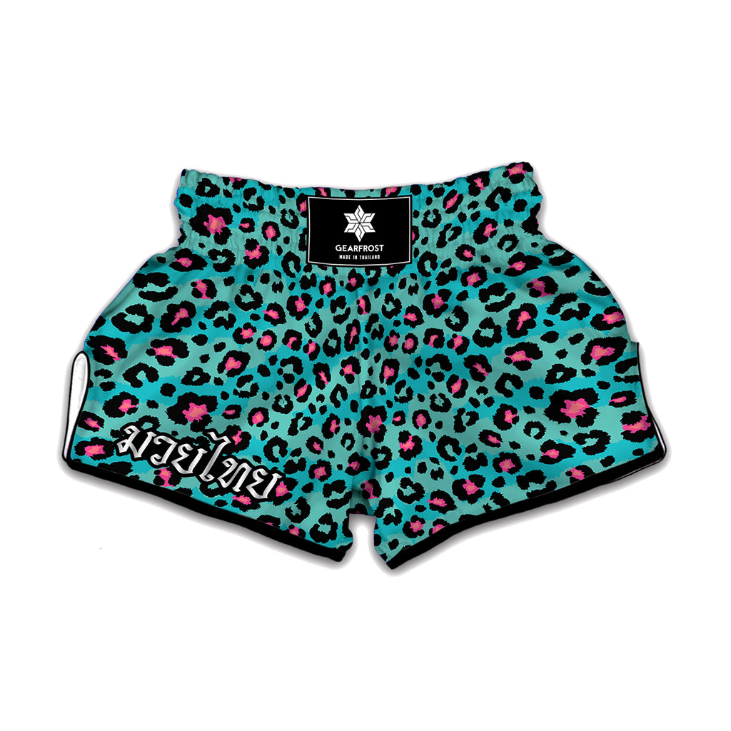 Turquoise And Pink Leopard Print Muay Thai Boxing Shorts