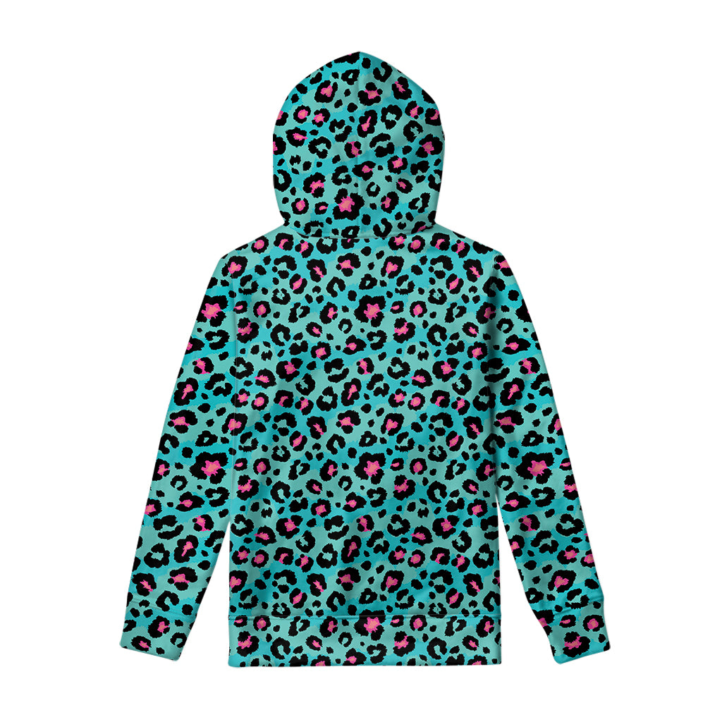 Turquoise And Pink Leopard Print Pullover Hoodie