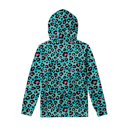 Turquoise And Pink Leopard Print Pullover Hoodie