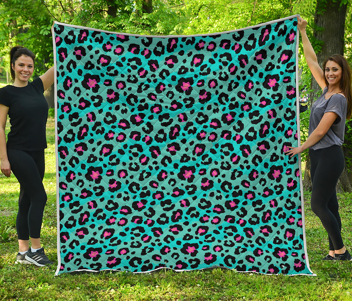 Turquoise And Pink Leopard Print Quilt