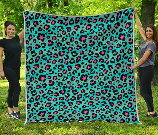 Turquoise And Pink Leopard Print Quilt