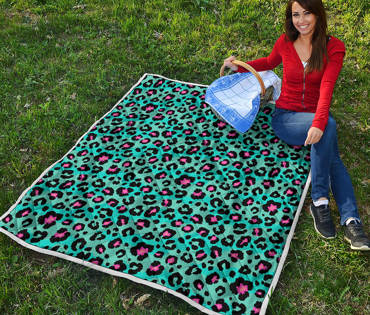 Turquoise And Pink Leopard Print Quilt