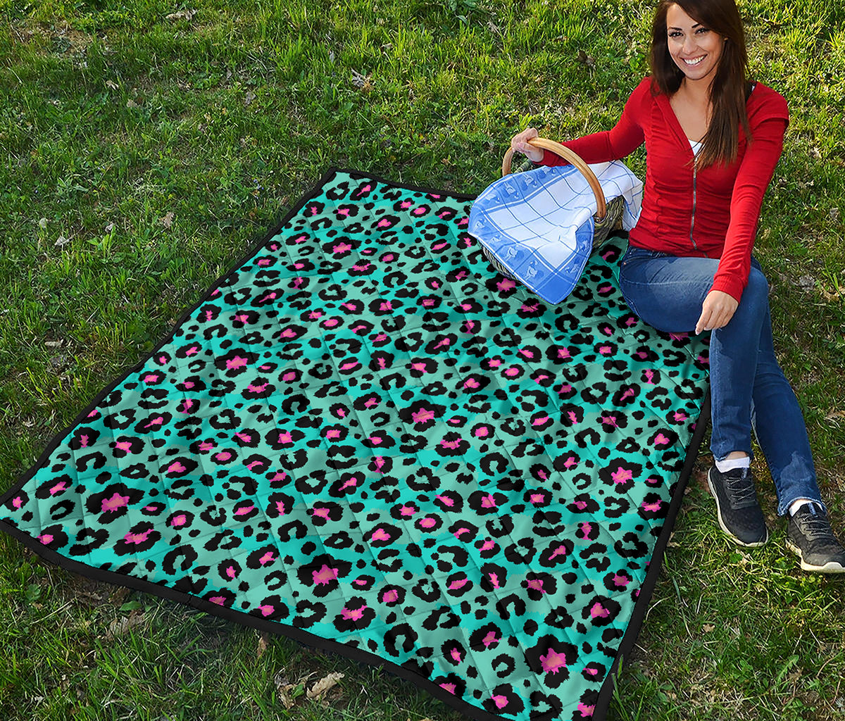 Turquoise And Pink Leopard Print Quilt