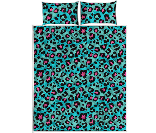 Turquoise And Pink Leopard Print Quilt Bed Set