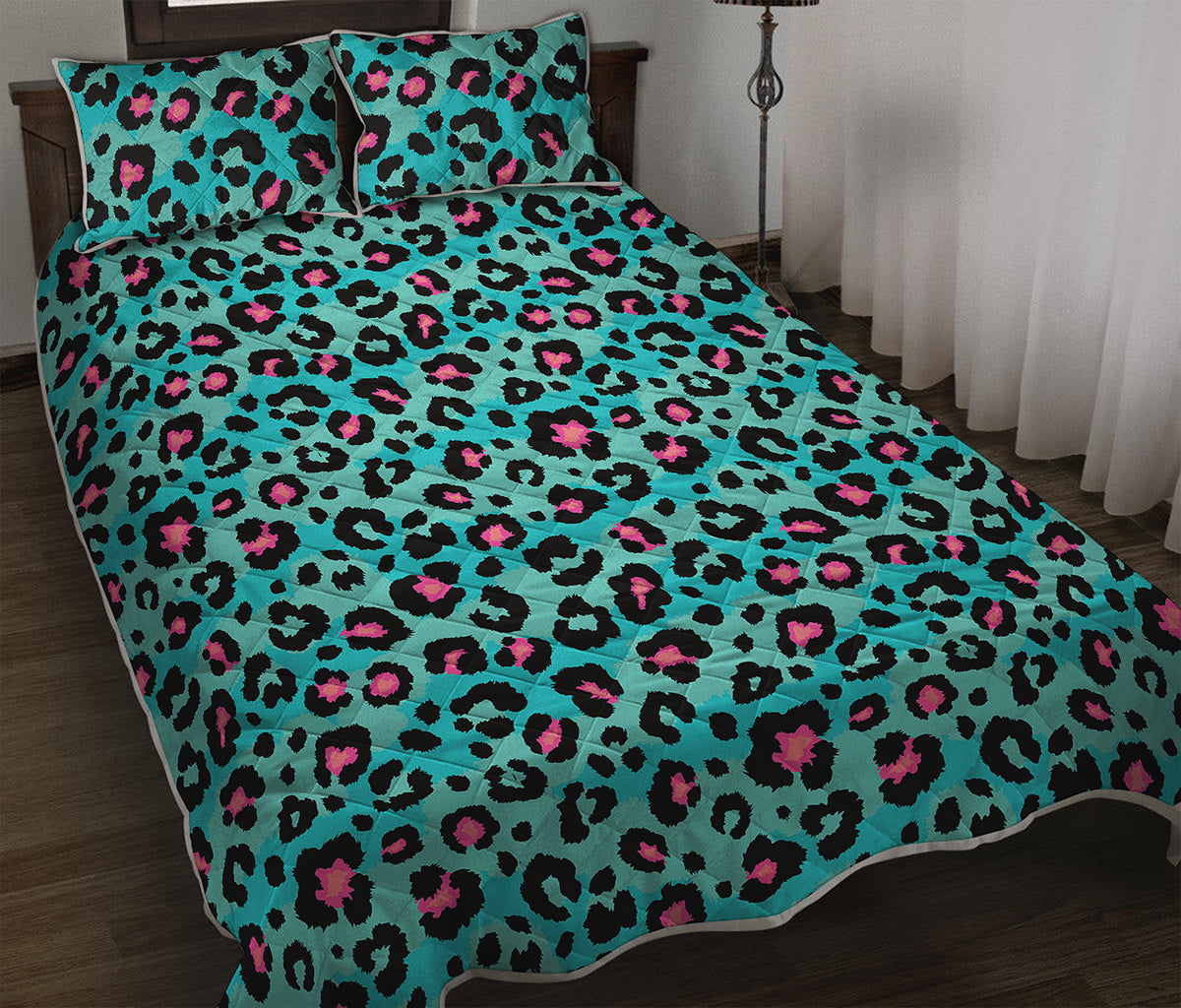 Turquoise And Pink Leopard Print Quilt Bed Set
