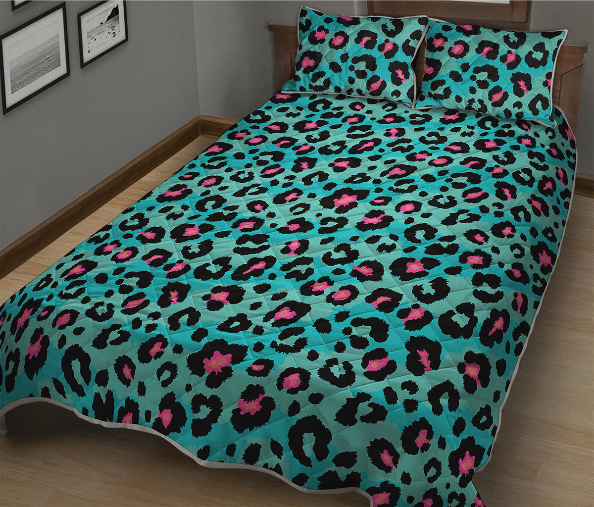 Turquoise And Pink Leopard Print Quilt Bed Set