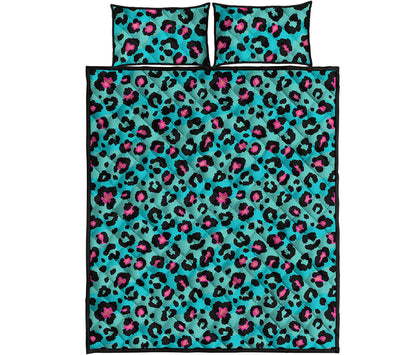 Turquoise And Pink Leopard Print Quilt Bed Set