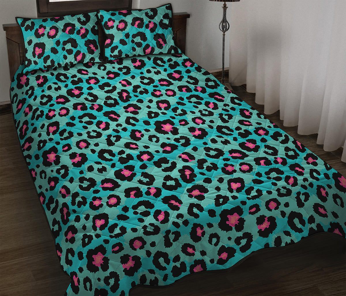 Turquoise And Pink Leopard Print Quilt Bed Set