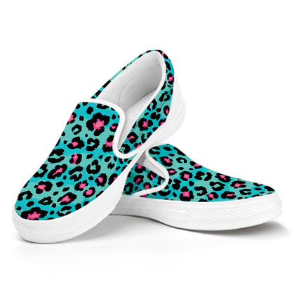 Turquoise And Pink Leopard Print White Slip On Shoes