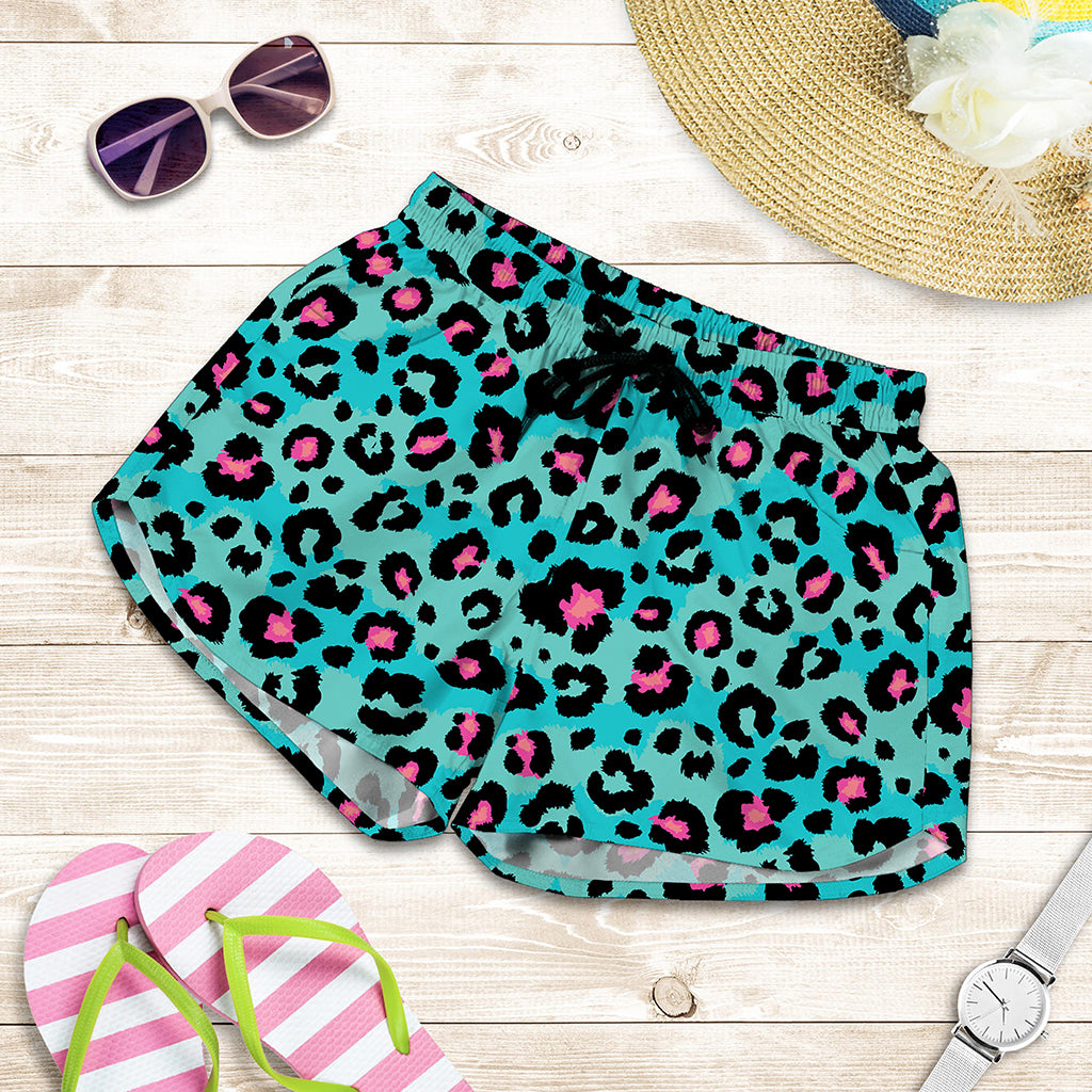 Turquoise And Pink Leopard Print Women's Shorts