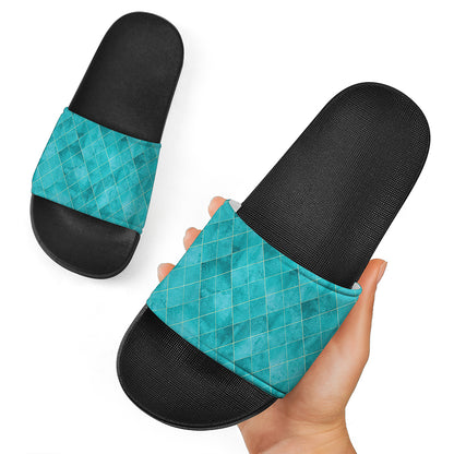 Turquoise Argyle Pattern Print Black Slide Sandals