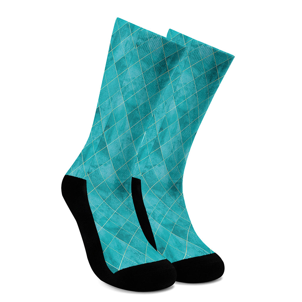Turquoise Argyle Pattern Print Crew Socks