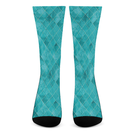 Turquoise Argyle Pattern Print Crew Socks