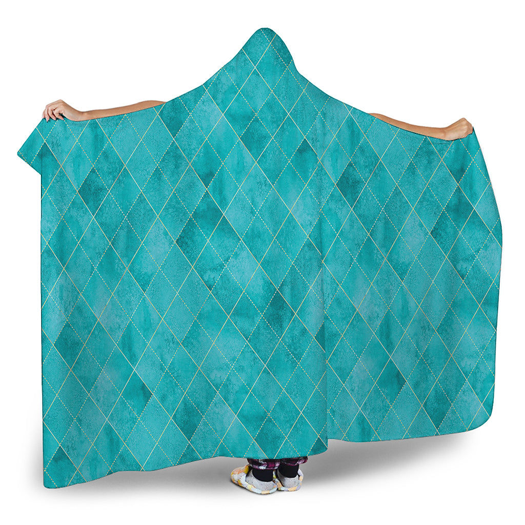 Turquoise Argyle Pattern Print Hooded Blanket