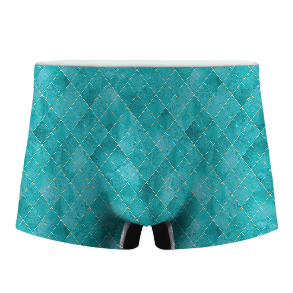 Turquoise Argyle Pattern Print Men's Boxer Briefs