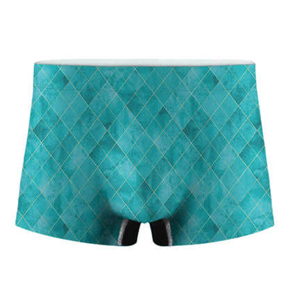 Turquoise Argyle Pattern Print Men's Boxer Briefs