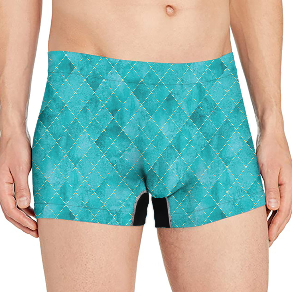Turquoise Argyle Pattern Print Men's Boxer Briefs