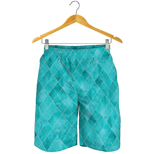 Turquoise Argyle Pattern Print Men's Shorts