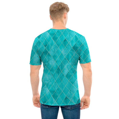 Turquoise Argyle Pattern Print Men's T-Shirt