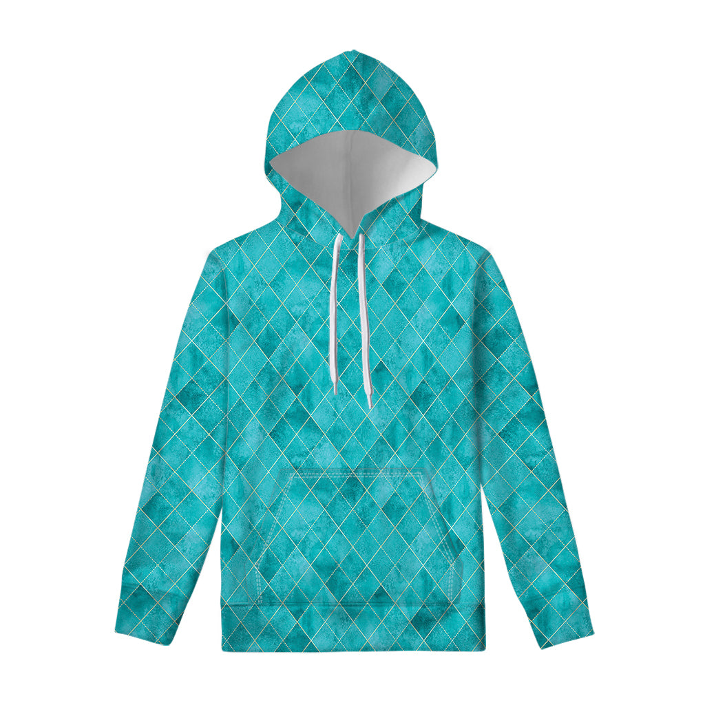 Turquoise Argyle Pattern Print Pullover Hoodie