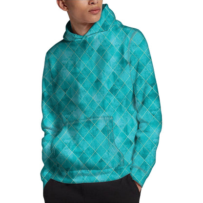 Turquoise Argyle Pattern Print Pullover Hoodie